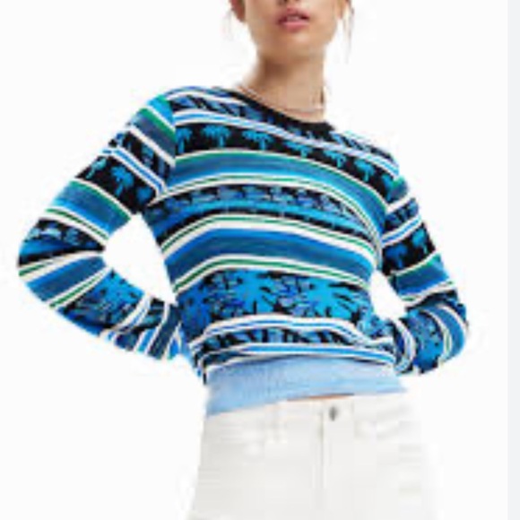 Desigual Tropical Border Flamingo Floridian Blue Black Knit Sweater Size Medium